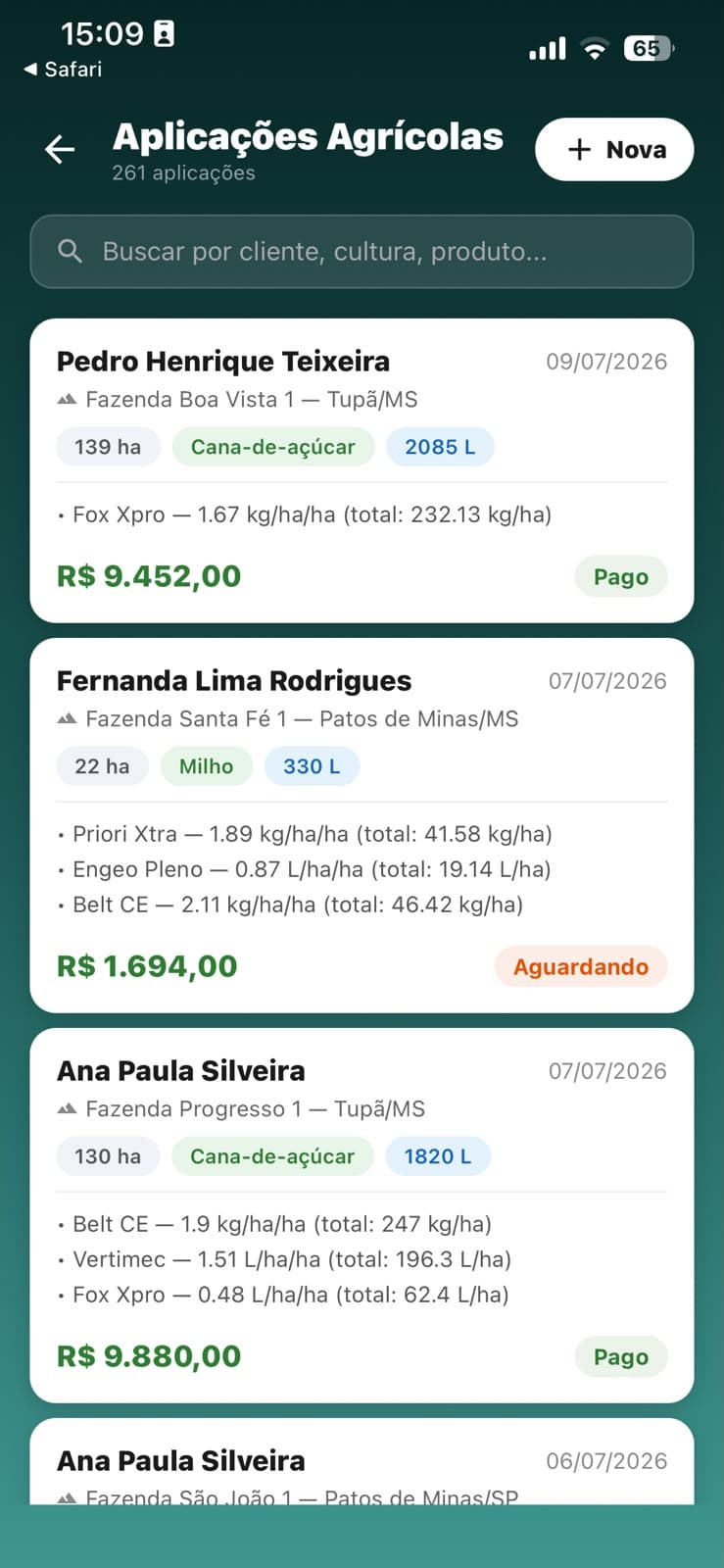 Lista de aplicações no AeroGestão