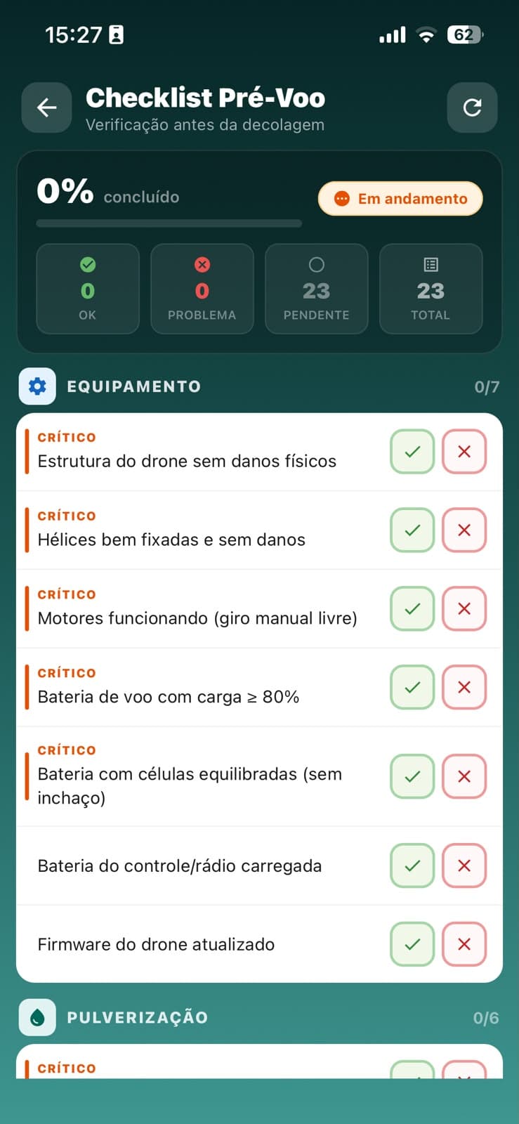 Execução do checklist pré-voo no AeroGestão