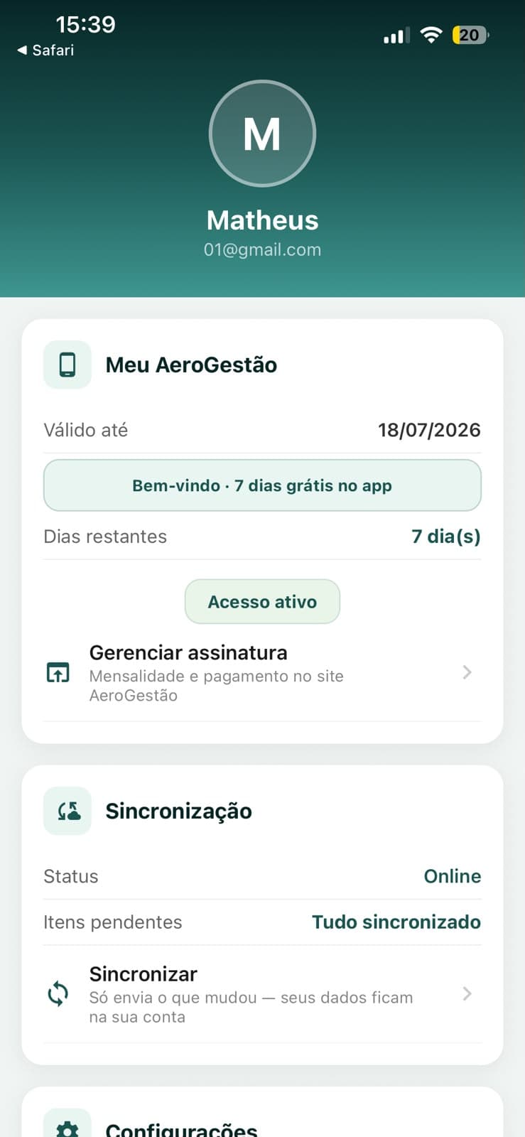 Perfil e configurações no AeroGestão