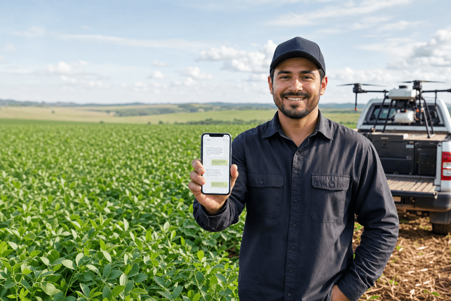 Operador no campo com smartphone — SOS AeroGestão suporte técnico online